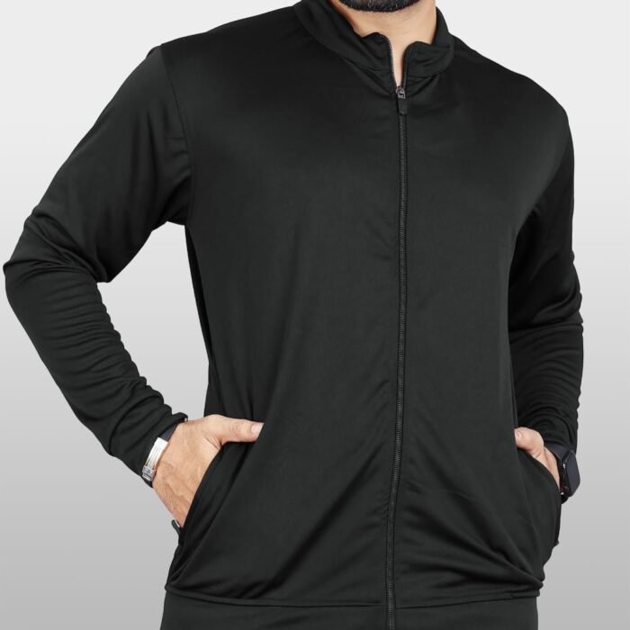 Men Solid Polyester Sports Jacket Long Sleeves Full Zip with Pocket Gym, Running & Travel Upper Wear (IN, Alpha, 2XL, Regular, black)