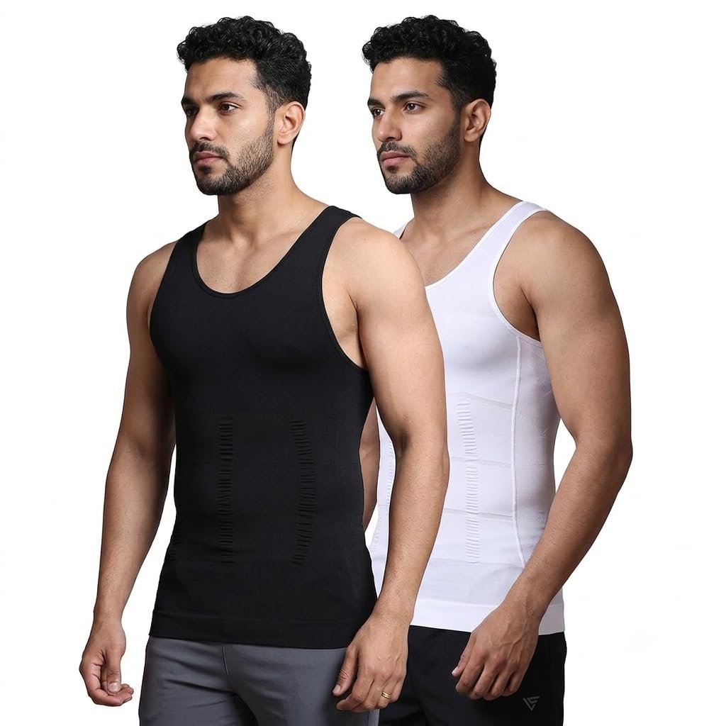 Slim N Lift Men's Shapewear Vest | Tummy Control Compression Tank Top Pack of 2 White/Black (in, Alpha, Regular, Black/White)