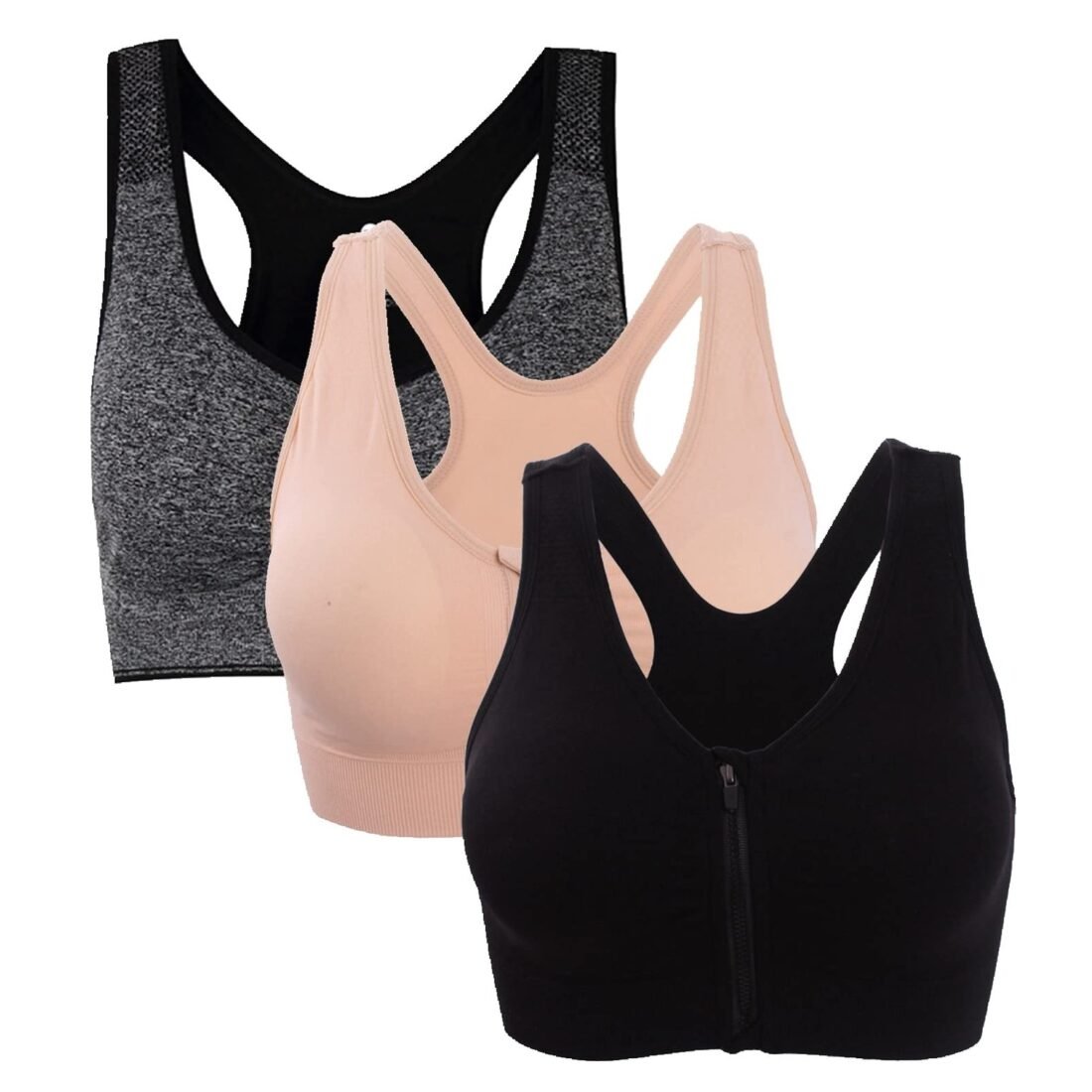 Women's Zip Front Sports Bra Wireless Post-Surgery Yoga Bras, 3 Pack: Black Grey Nude