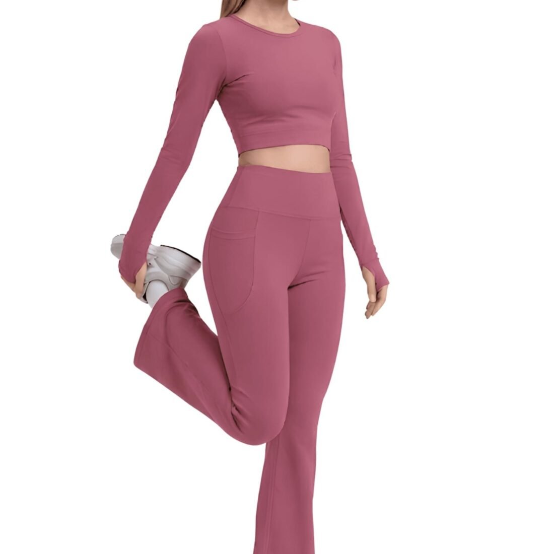 Women’s 2 Piece Yoga Set – Long Sleeve Crop Top & High Waisted Bell Bottom Leggings with Pockets | Thumb Hole Sleeve Stretchy Workout Outfit for Gym, Running & Lounge Wear Sportswear