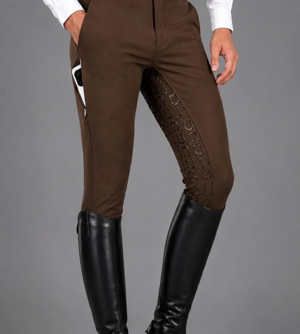 Men's Horse Riding Breeches with Silicone Full Seat Grip, Stretchable Equestrian Pants, Comfortable Riding Trousers with Belt Loops for Training (in, Numeric, 26, Regular, Standard, Brown)