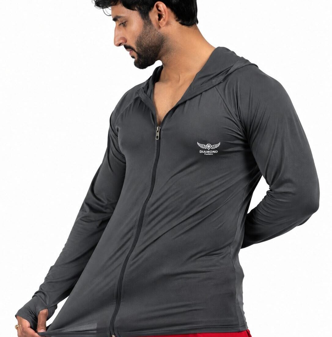 Diamond FashionsMen's Sports Jacket Hooded Zipper Gym Wear Quick Dry Full Sleeve Running Workout Training Activewear for Men M-XL (in, Alpha, Regular, Dark Grey)