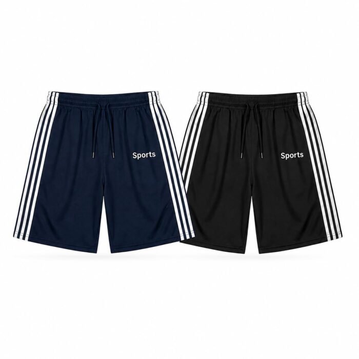 Shorts for Men Combo Pack of 2 Navy Blue & Black Polyester Blend Quick Dry Sports Shorts with Side Stripes | Breathable Lightweight Training Running Gym Workout Activewear for Men