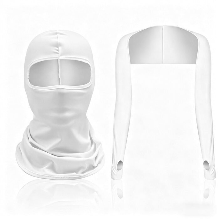 Arm Sleeves & Full Face Mask Set UV Dust Protection Dryfit Balaclava with Shawl and Sleeve Guards for Men Women Bike Riding Running Cycling Outdoor Protective Bike Riding Gear (White)