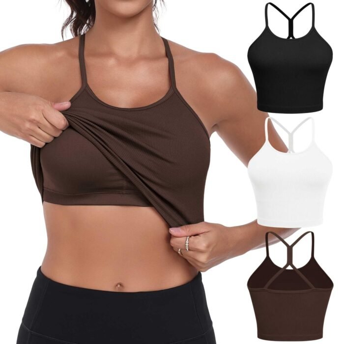Sports Bras for Women 3 Pack High Neck Seamless Ribbed Long Yoga Tank Top with Built-in Bra, Pack of 3: Black + White + Brown
