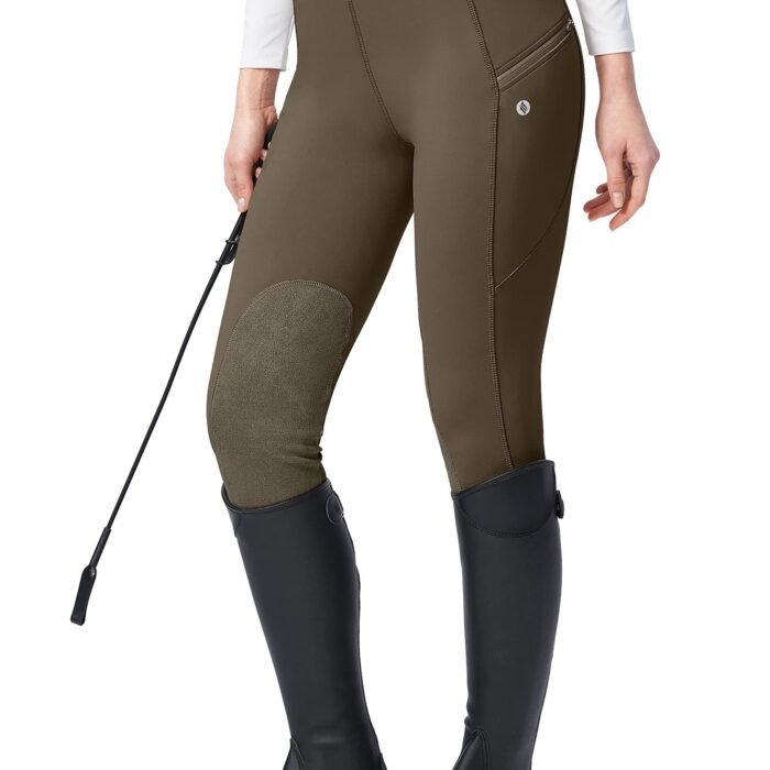 Women's Horse Riding Pants with Zipper Pockets Knee-Patch Schooling Tights Equestrian Breeches for Women, Brown, X-Large