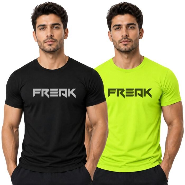 3Colours RGB Men's Gym Wear T-Shirt - Moisture-Wicking, Quick-Dry, Athletic Fit Workout Tee -Freak (in, Alpha, 2XL, Regular, Pack of 2 Black_Green)