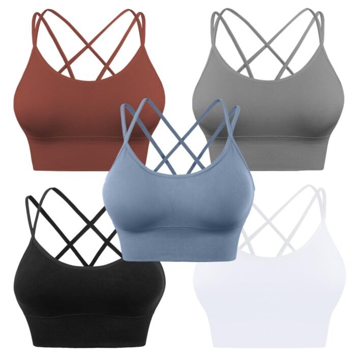 Sports Bra Women Padded Medium Support Criss Cross Straps Seamless High Impact Yoga Training Sports Bras, Brown, Blue, Black, White, Grey, Pack of 5