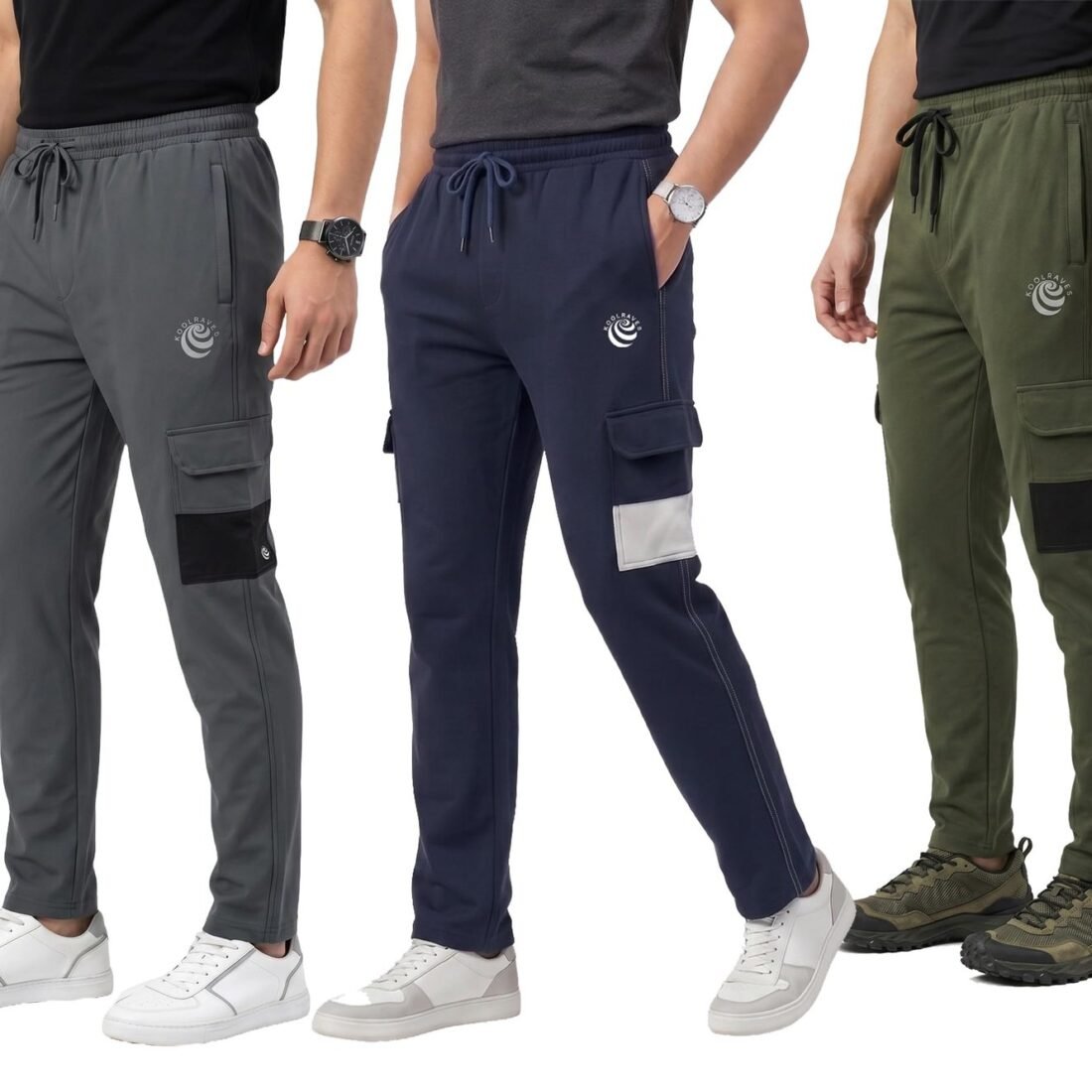 KOOLRAVES Men's Cargo Track Pants Combo | Multi-Pocket Joggers for Gym, Running & Casual Wear