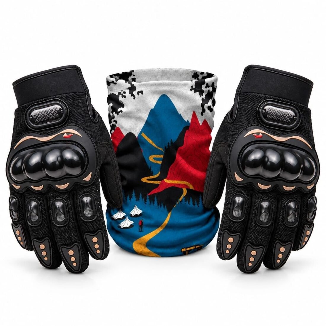 MOTOTHRIFT - Pro-Biker Motorcycle Riding Gloves with Bandana for Men | Protective Bike Riding Gloves with Knuckle Protection | Touchscreen Biker Gloves