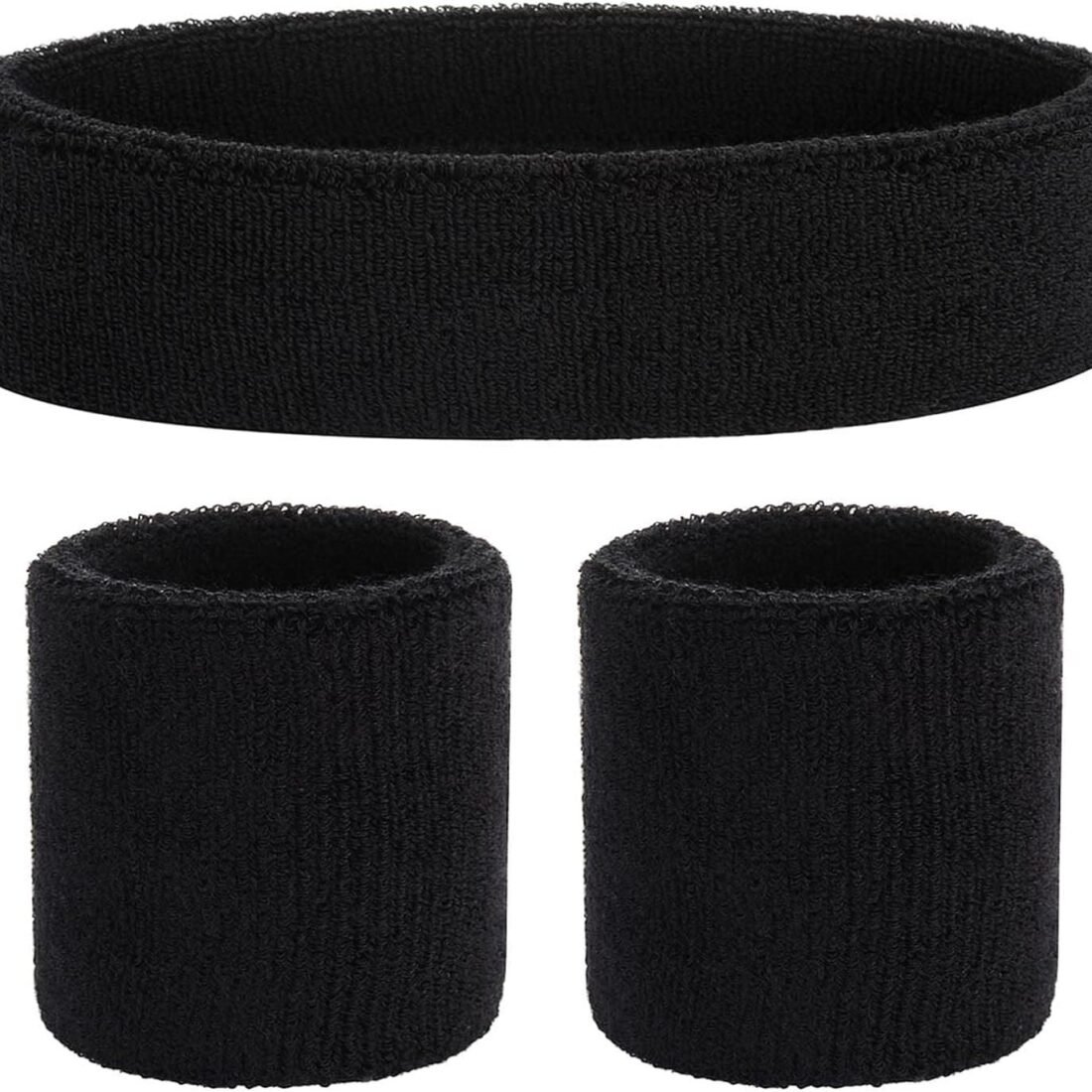 Sports Wrist Sweat Band & Headband Combo Set | High Absorbtion Terry Cotton Thick Hand Hair sweatbands for Gym, Workouts,Exercises, Running, Tennis Cricket (2 Pieces Wrist + 1 Head, Black)