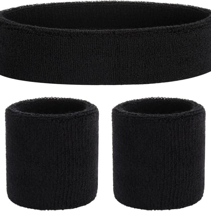 Sports Wrist Sweat Band & Headband Combo Set | High Absorbtion Terry Cotton Thick Hand Hair sweatbands for Gym, Workouts,Exercises, Running, Tennis Cricket (2 Pieces Wrist + 1 Head, Black)