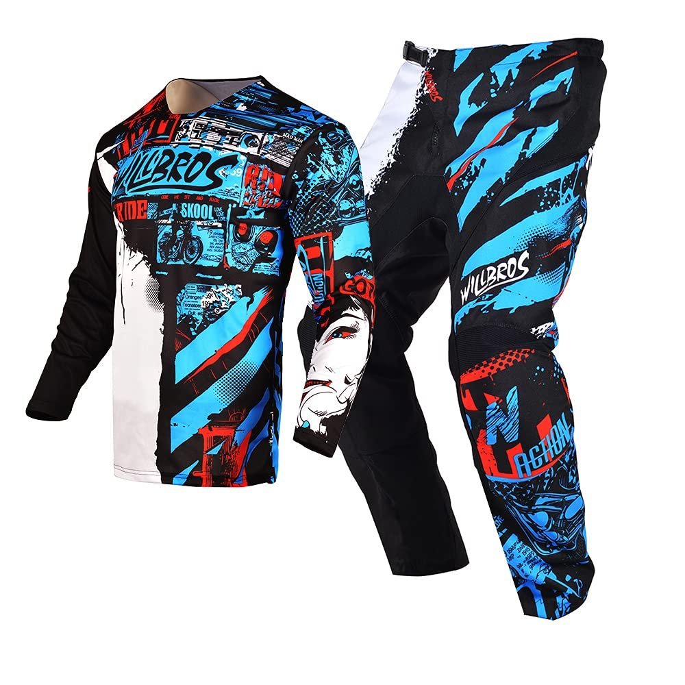 Motocross Jersey Pant Combo Mens MX Gear Set Riding Ride Black Blue Dirt Bike Offroad Racing Blue(Jersey Adult M/Pants W32)