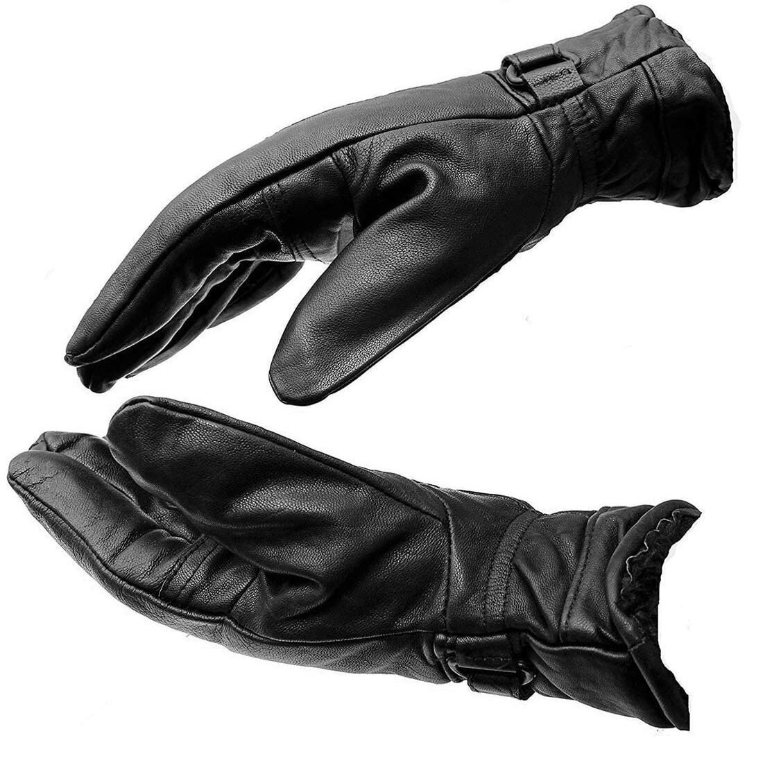 Men Black Solid Leather Warm Winter Riding Gloves, Protective Cycling Bike Motorcycle Gloves Black Large Pack of 1
