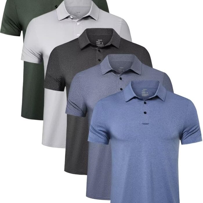 4/5 Pack Mens Polo Shirts Quick Dry Short Sleeve Golf T Shirt Performance Moisture Wicking Casual Workout, Black/Light Grey/Green/Light Blue/Blue(5 Pack)