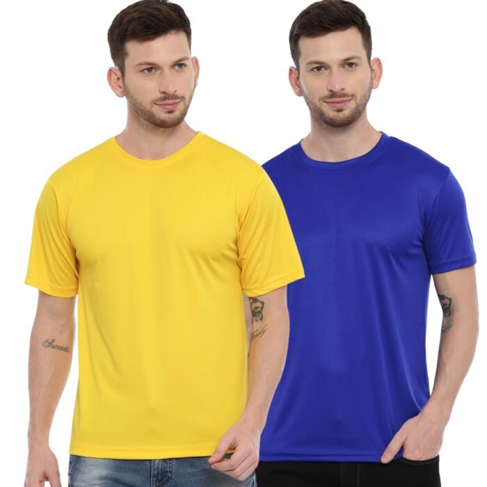 Men's Regular Fit Polyester Dri Fit Round Neck T Shirt Half Sleeve Sports Crew T-Shirt, High Performance Fabric, Wrinkle Free Gym Workout Blue Yellow