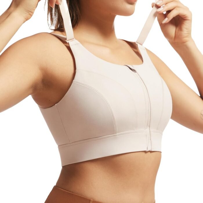 Adjustable High Impact Sports Bras for Women Zip Front Full Coverage and Lift Padded Compression Tops, Latte Beige, Small