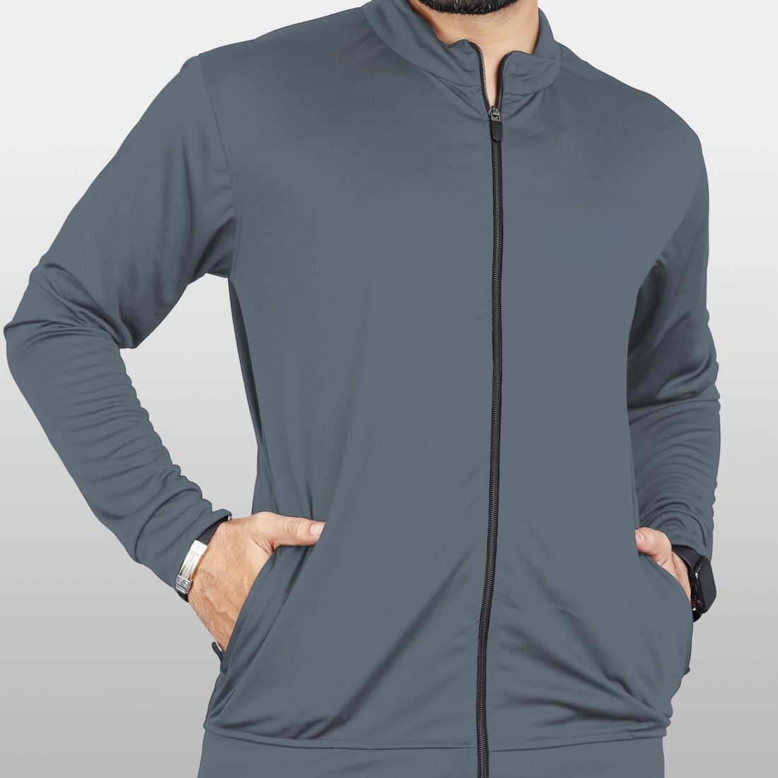 Men Solid Polyester Sports Jacket Long Sleeves Full Zip with Pocket Gym, Running & Travel Upper Wear (IN, Alpha, Regular, grey)