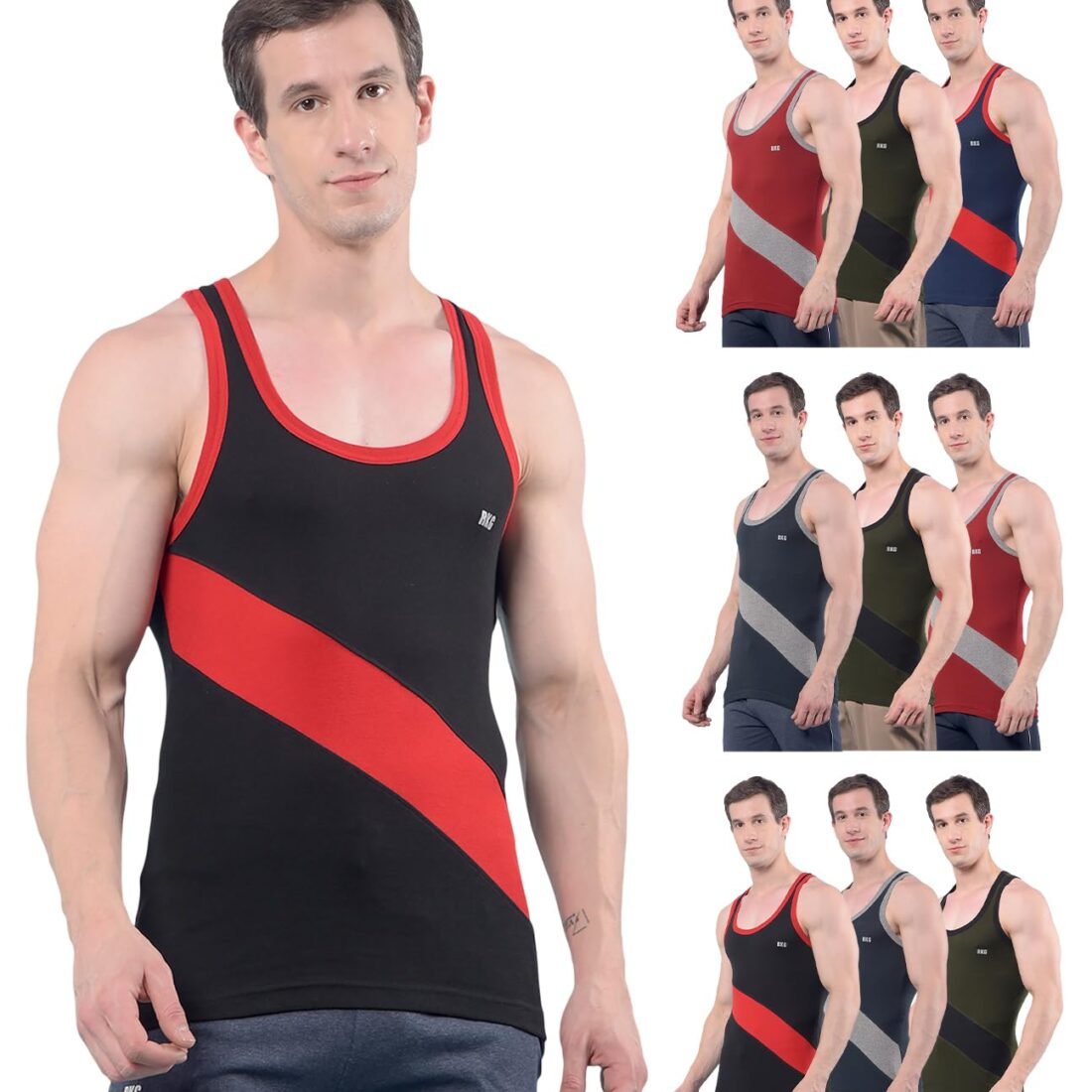 RKG Men’s Cotton Vest Pack of 10 Assorted Colour| Sleeveless Innerwear Gym Vest for Men | Soft Breathable Fabric | Regular Fit Undershirt | From Dollar Brand