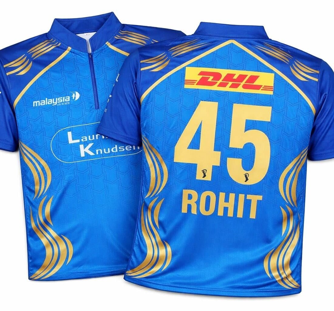 MI Rohit #45 IPL Cricket Jersey, Blue and Gold, Half Zip Collar (in, Alpha)