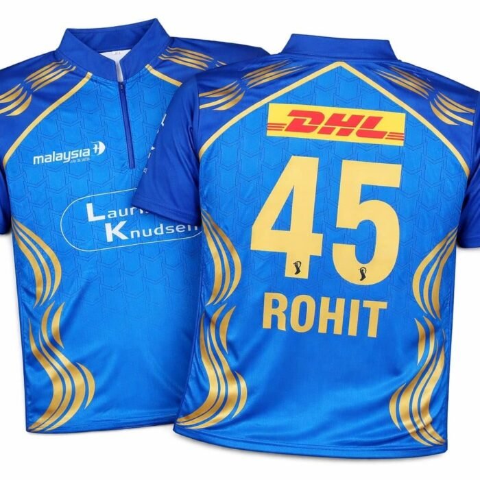 MI Rohit #45 IPL Cricket Jersey, Blue and Gold, Half Zip Collar (in, Alpha)
