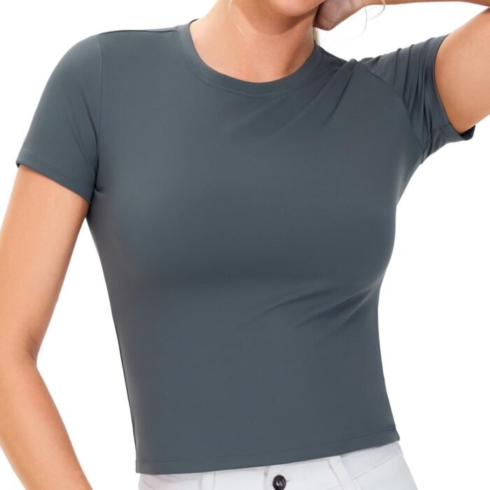 Women's Workout Crop Tops Basic Casual Yoga Tee Shirts, Dark Grey, Large