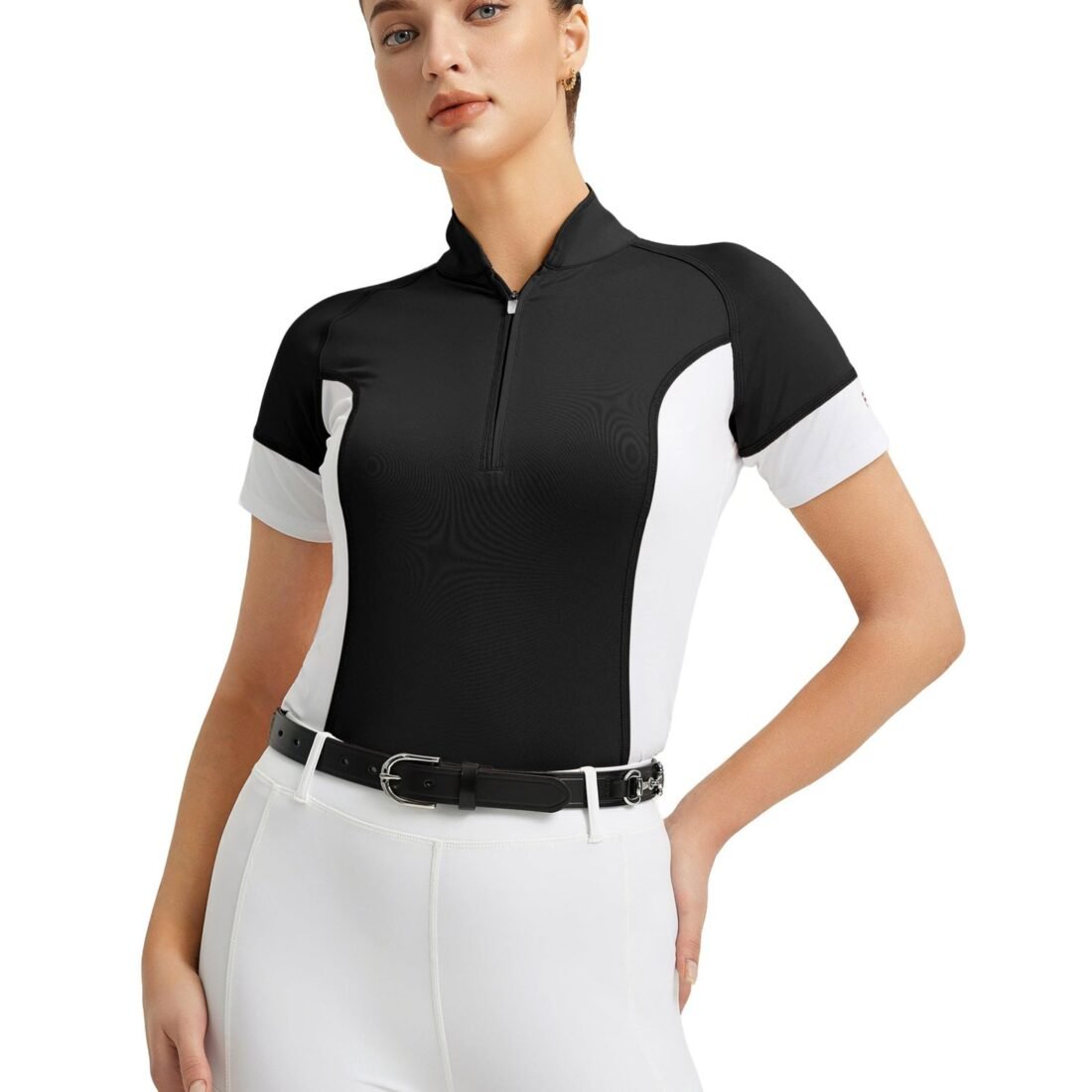 Womens Short Sleeve Equestrian Shirts UPF50+ Horse Riding Shirts Breathable Rider Tops Half Zip