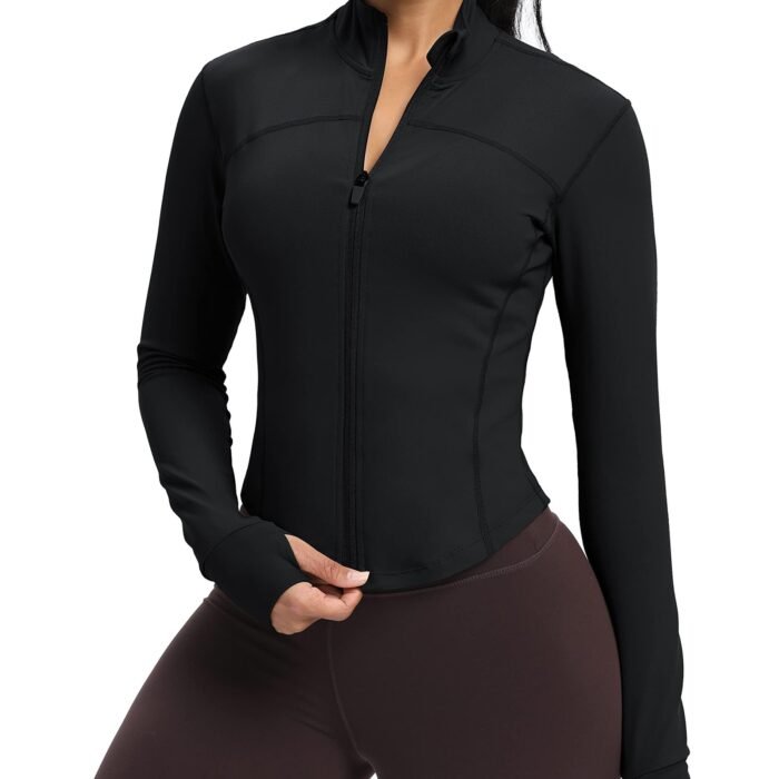 Women Workout Jacket Zipper Lightweight Slim Fit Running Jacket Sports Jacket with Thumb Holes, #1 Black