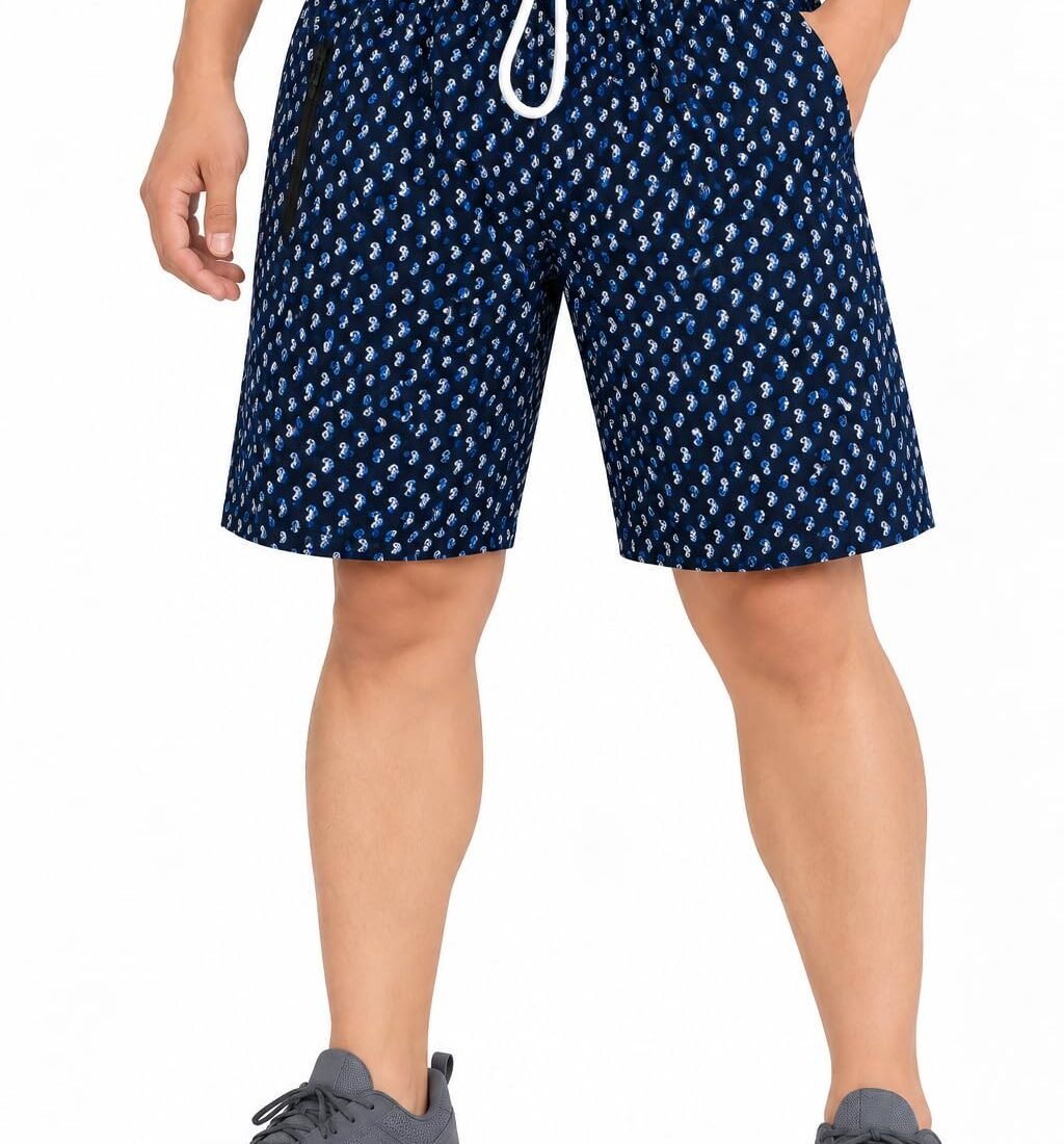 Men's Navy Blue Printed Athletic Shorts with Drawstring