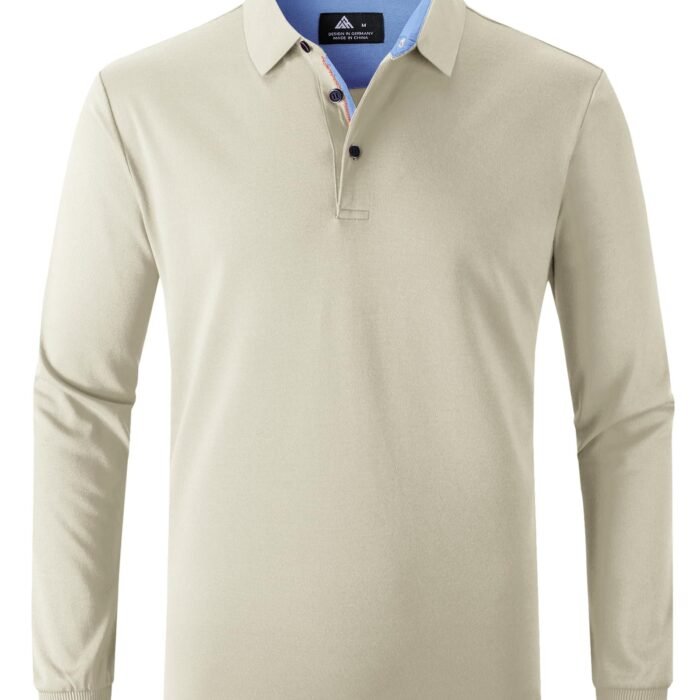 Long Sleeve Polo Shirts for Men collared Performance Golf Shirts Casual Workwear Office, A-beige, Large