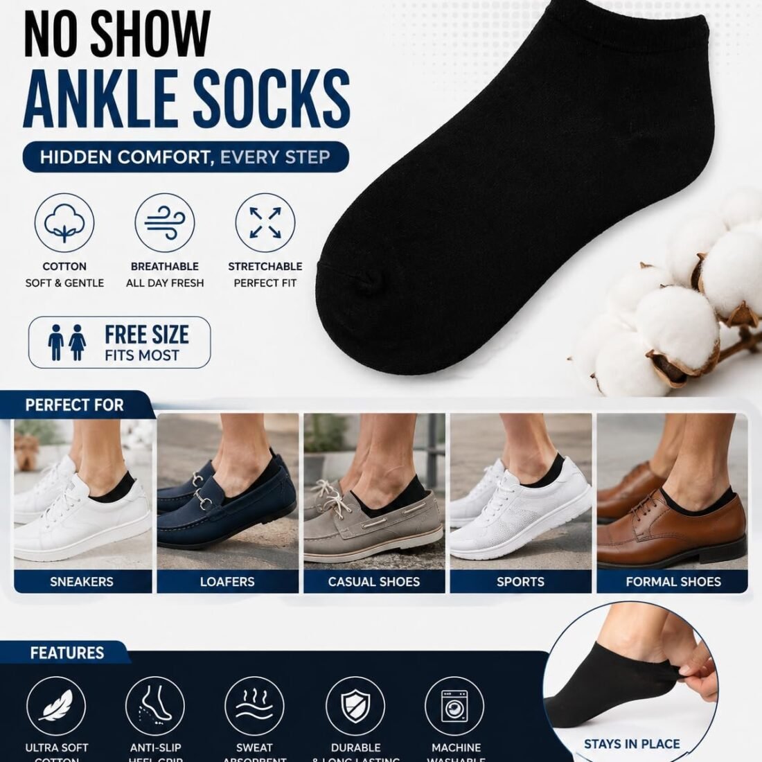 Men's Premium Cotton Ankle Length Socks | Soft, Breathable, Stretchable | Free Size | Casual, Sports & Daily Wear | Black | Pack of 1