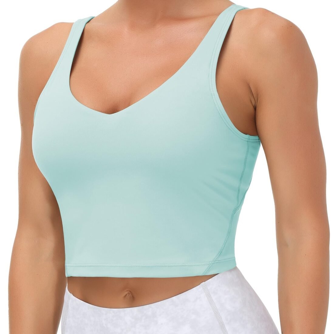 Women’s Longline Sports Bra Wirefree Padded Medium Support Yoga Bras Gym Running Workout Tank Tops, Light Blue, Small