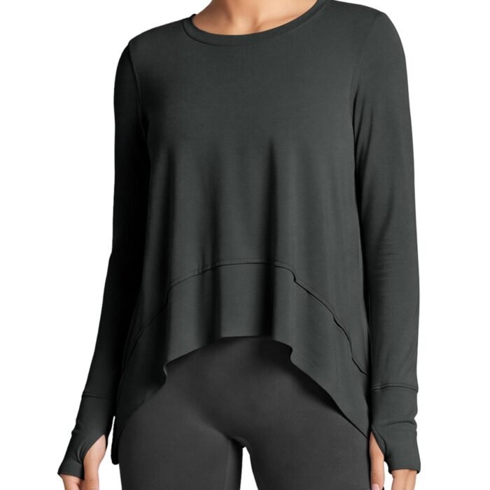 Women's Modal Soft Long Sleeve Tee with Thumb Hole Athletic Gym Workout Tops Yoga Shirts, Black-washed, Medium