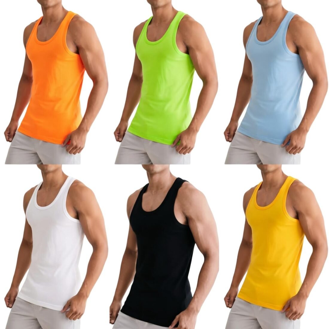 Mens Gym Vest Regular Fit Sleeveless Tank Top Polyster Summer Wear Sports Running Workout Sando Undershirt (in, Alpha, Orange, Green, Sky, White, Black, Yellow)