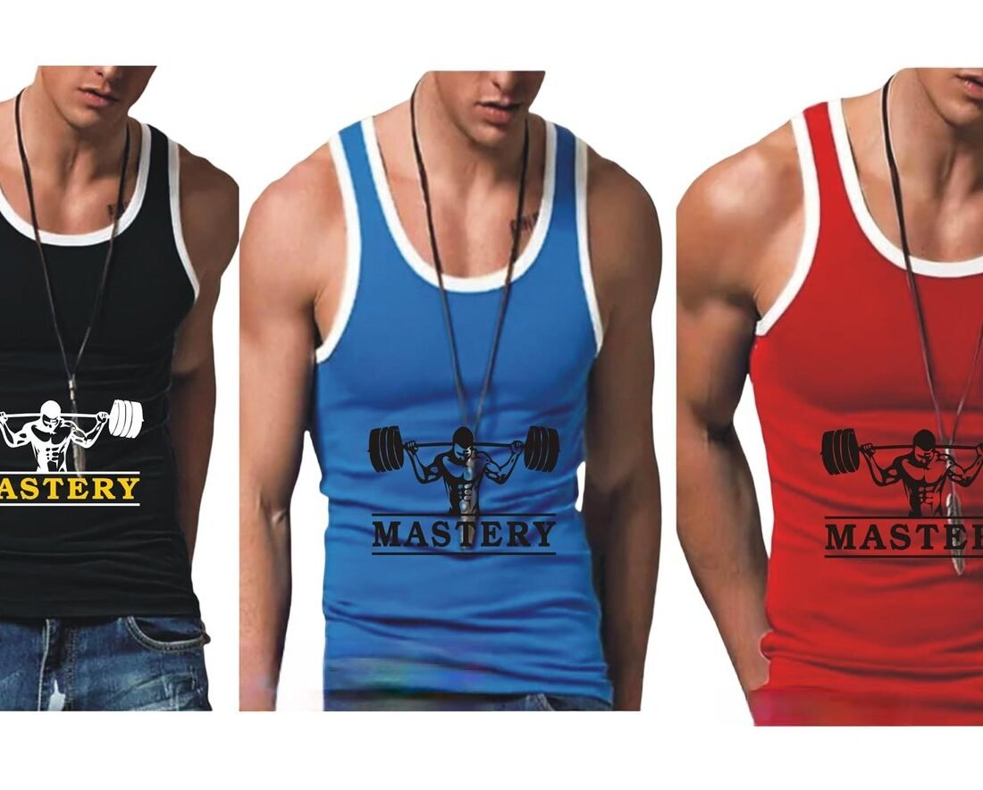 Mastery Men's Cotton Gym Vests Sando Baniyan | Polycotton Normal Fit, Light Weight, Soft Fabric | Ideal for Gym/Running/Sports wear | MWL-MV-P3 (Large, BLACKBLUERED)