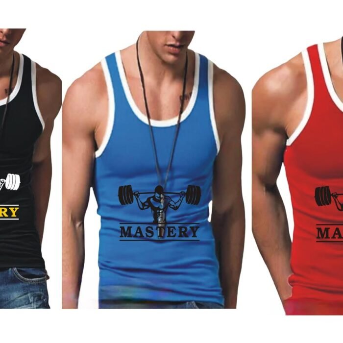 Mastery Men's Cotton Gym Vests Sando Baniyan | Polycotton Normal Fit, Light Weight, Soft Fabric | Ideal for Gym/Running/Sports wear | MWL-MV-P3 (Large, BLACKBLUERED)