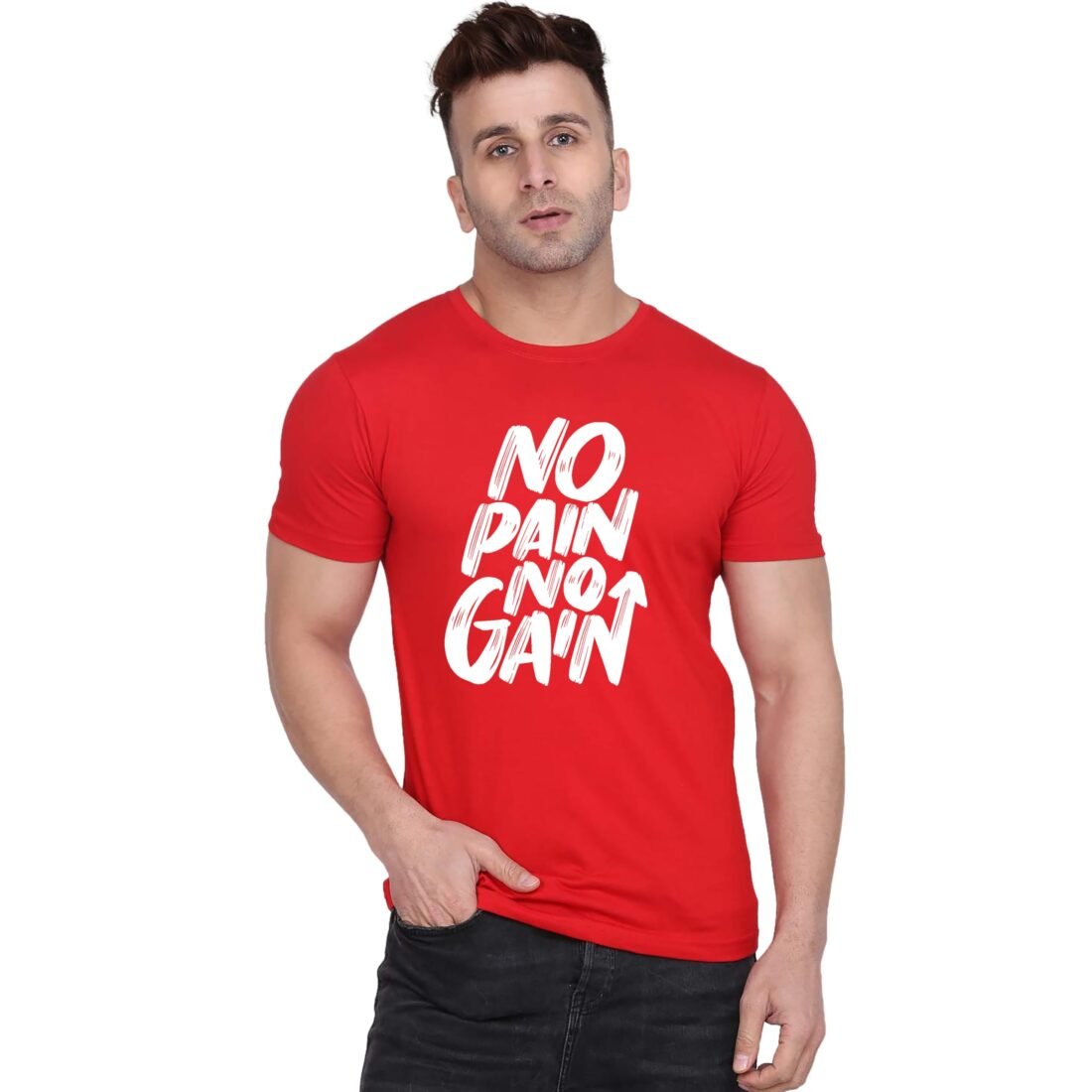 Original Way Men Cotton Half Sleeve Round Neck Stylish Mens Casual Wear Move On Run Fast Creative Graphics Printed Printed T Shirt HSRR-3804-X Red