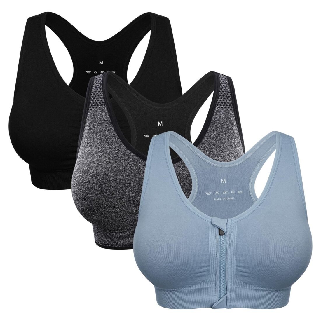 Women's Zip Front Sports Bra Wireless Post-Surgery Bra Active Yoga Sports Bras, 3 Pack(black+grey+light Blue), X-Large