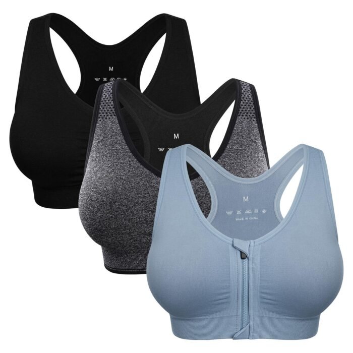 Women's Zip Front Sports Bra Wireless Post-Surgery Bra Active Yoga Sports Bras, 3 Pack(black+grey+light Blue), X-Large