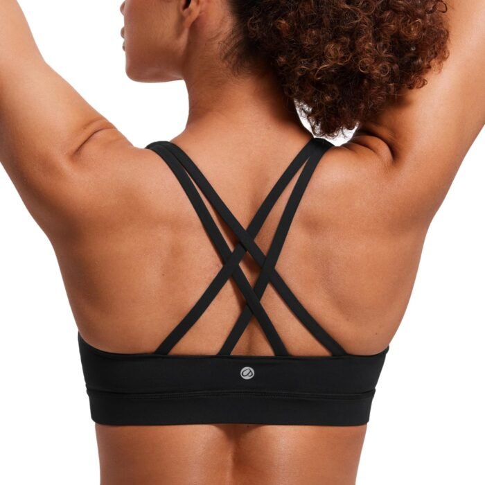 Strappy Padded Sports Bra for Women Activewear Medium Support Workout Yoga Bra Tops Black-Logo Medium