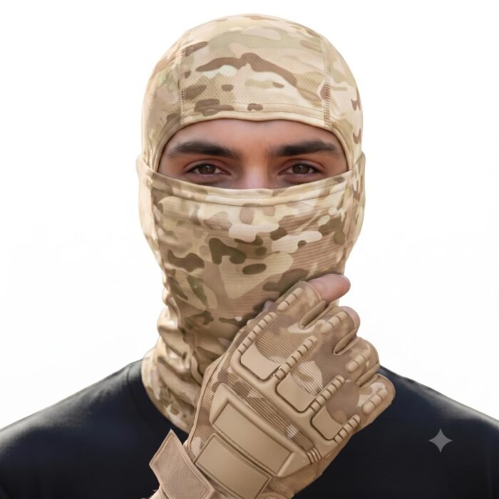 Combo Army Gloves & Balaclava Tactical Military Combat Gloves and Balaclava Set, Camouflage Pattern, Olive Green, Protective Gear for Outdoor Sports, Riding, Skiing (Beige)