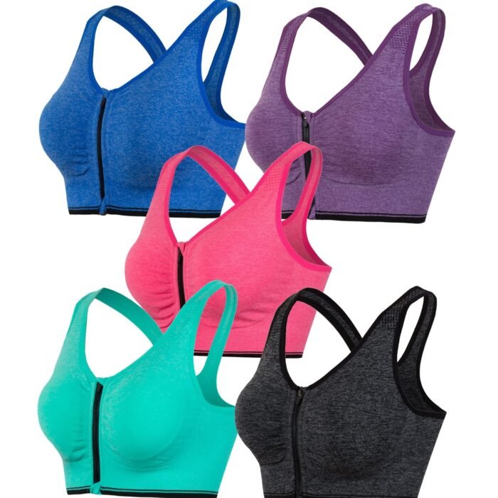 Women's Zip Front Sports Bra Wireless Post-Surgery Yoga Bras, 5 Pack: Blue Grey Purple Pink Light Blue, XX-Large