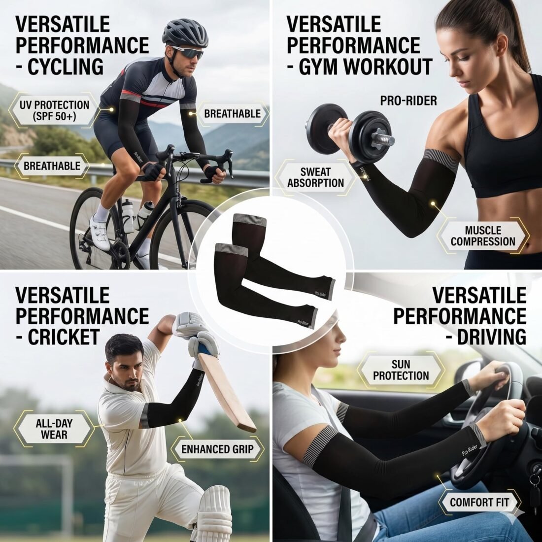Pro Rider UV Protection Arm Covers Cooling Compression Support for Men Women Cycling Bike Riding Gym Cricket Sports Driving Running Sun Protection Stretchable Breathable Sweat Absorbing Outdoor Wear