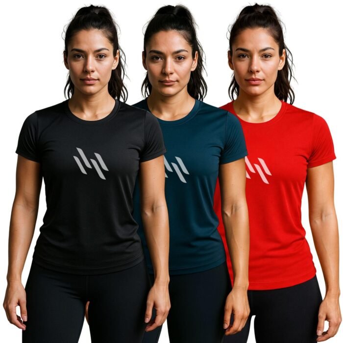 Women’s Sports T-Shirt | Quick-Dry Gym & Running Top | Stretchable Activewear for Workouts, Yoga & Training Wave LINE (in, Alpha, Regular, Pack of 3 Black_Blue_RED)