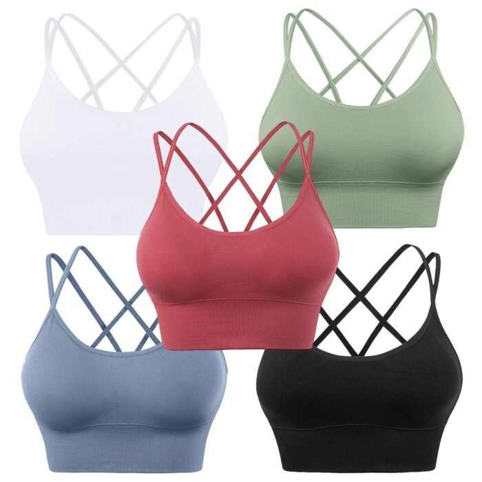 Evercute Cross Back Sport Bras Padded Strappy Criss Cross Cropped Bras for Yoga Workout Fitness Low Impact, ①Black White Blue 3 Pack, Black, White, Blue, Green,raspberry Red