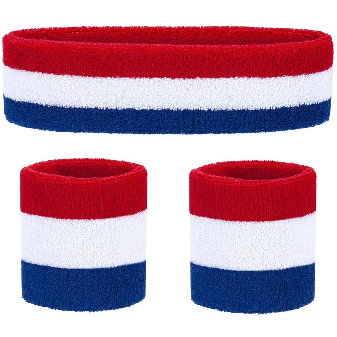 Sweatbands Set Headband and Wrist Sweatbands Cotton Sweat Band for Athletic Men and Women, Sports Headbands for Fitness Yoga Running (Red/White/Blue)