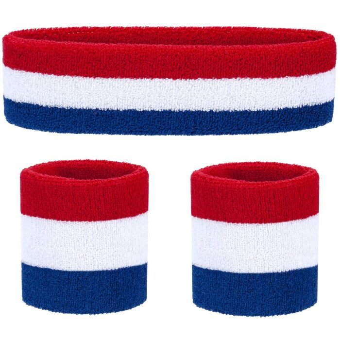 Sweatbands Set Headband and Wrist Sweatbands Cotton Sweat Band for Athletic Men and Women, Sports Headbands for Fitness Yoga Running (Red/White/Blue)