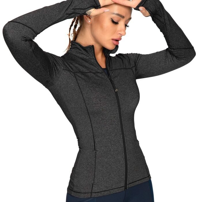 QUEENIEKE Cotton Womens Sports Jacket Turtleneck Slim Fit Full-zip Running Top Size M Color Charcoal Space Dye, Standard Length